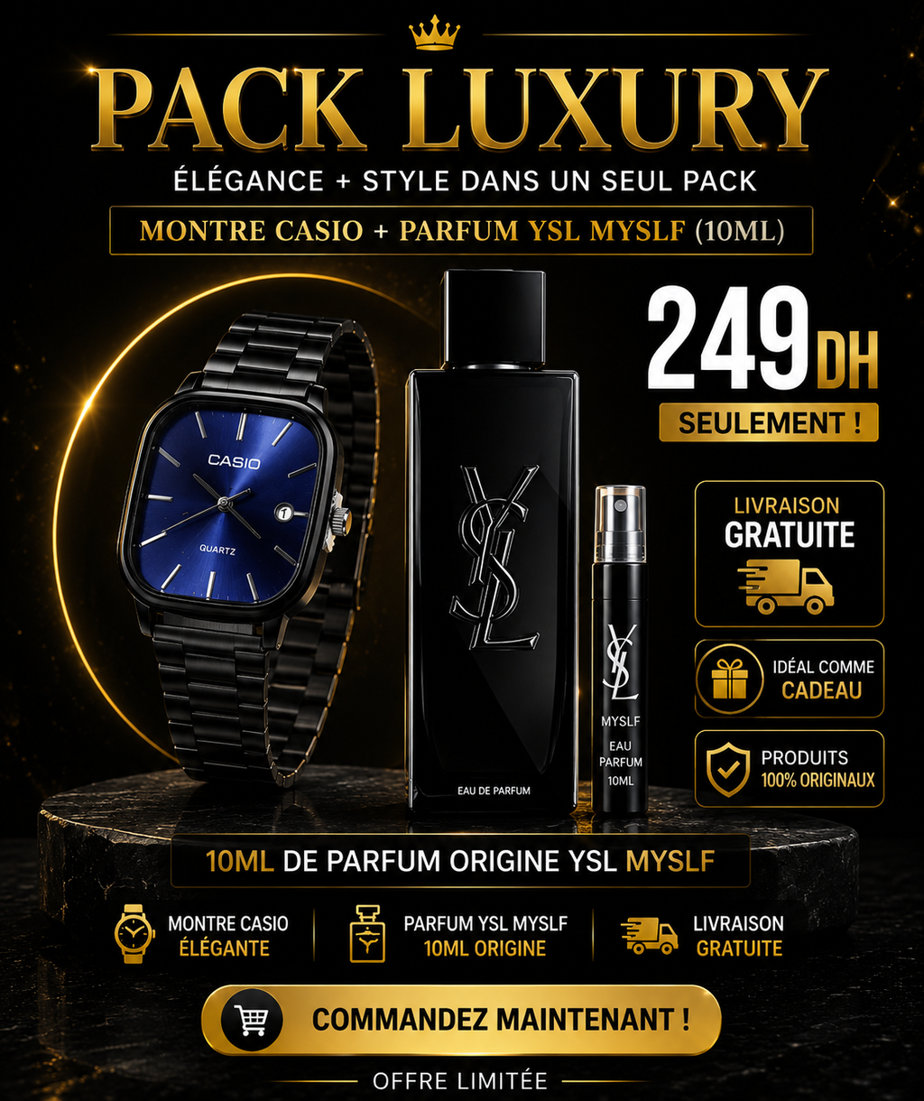 a// PACK LUXURY CASIO FULL BLACK avec la boite + 10 Ml YSL MYSELF
