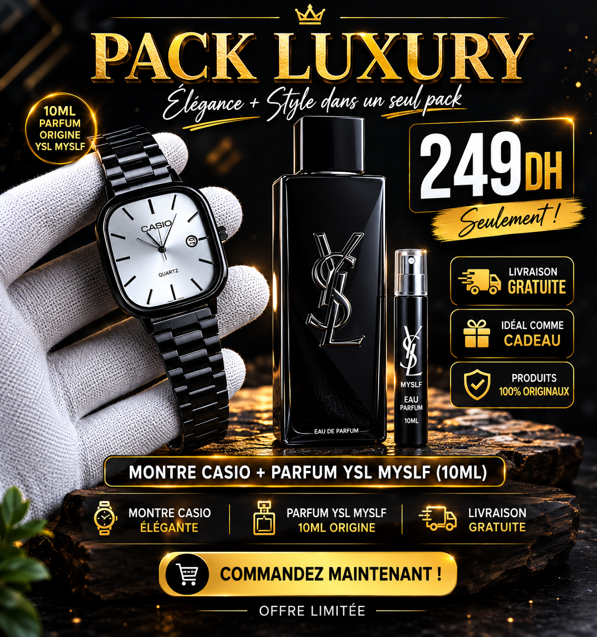 a// PACK LUXURY CASIO FULL BLACK avec la boite + 10 Ml YSL MYSELF