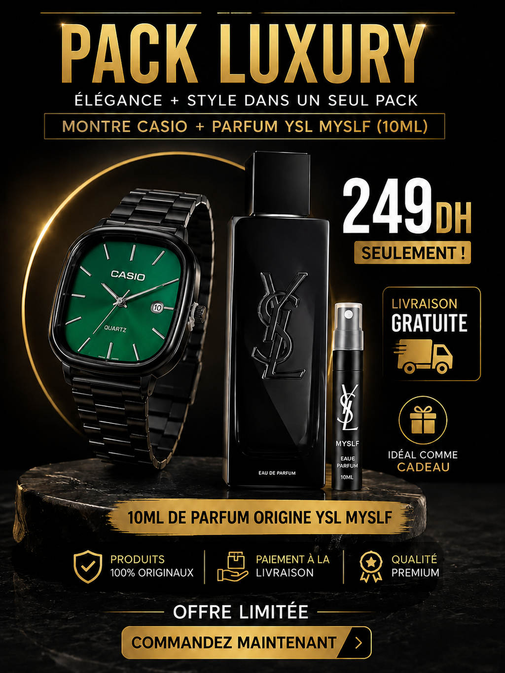 a// PACK LUXURY CASIO FULL BLACK avec la boite + 10 Ml YSL MYSELF