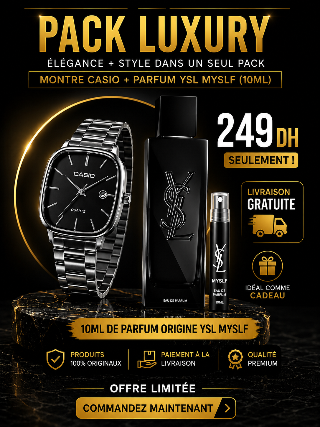 a// PACK LUXURY CASIO FULL BLACK avec la boite + 10 Ml YSL MYSELF